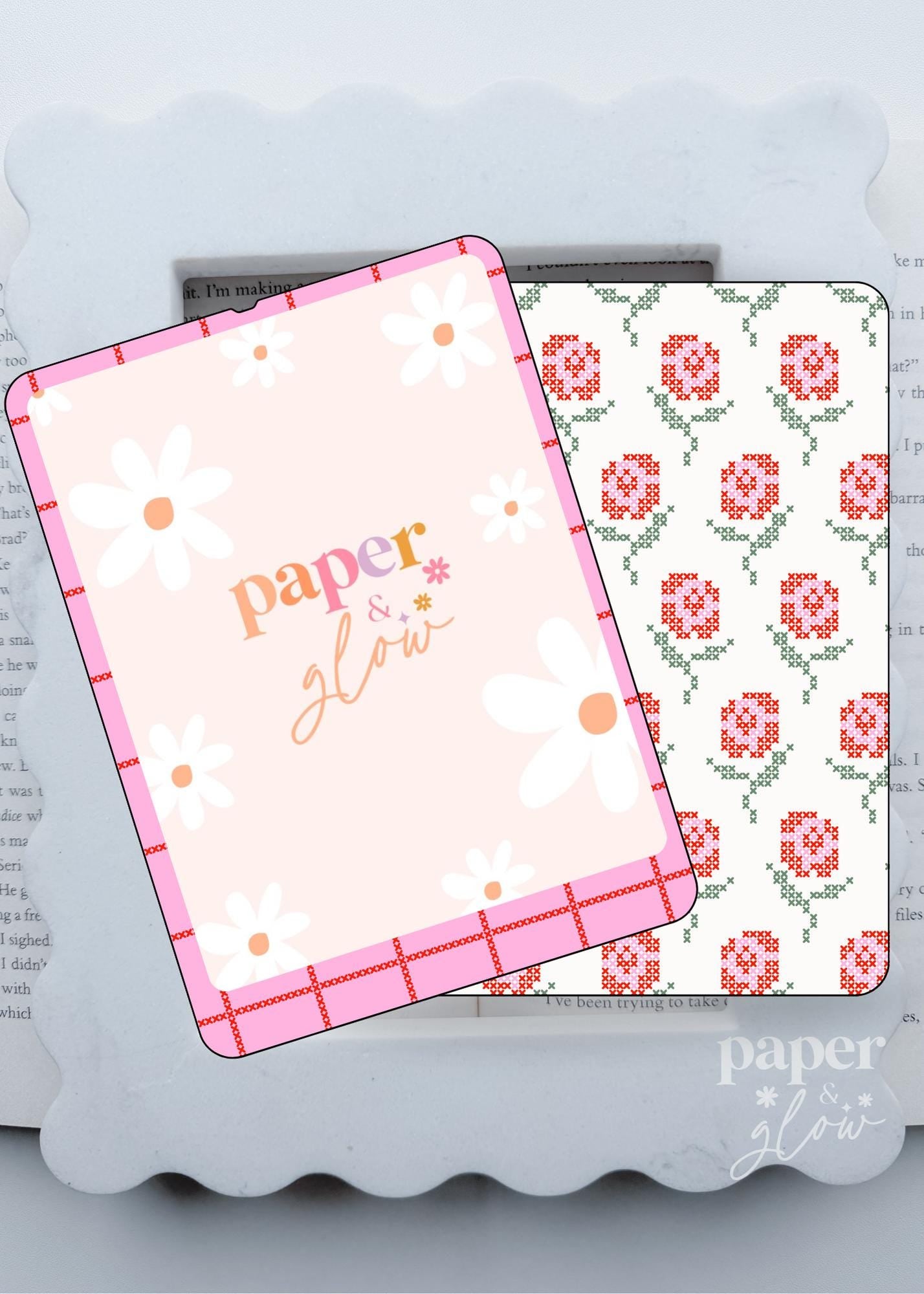 E-Reader Skin | Spring Cross Stitch: Pink and Red Grid and Floral | Paper & Glow