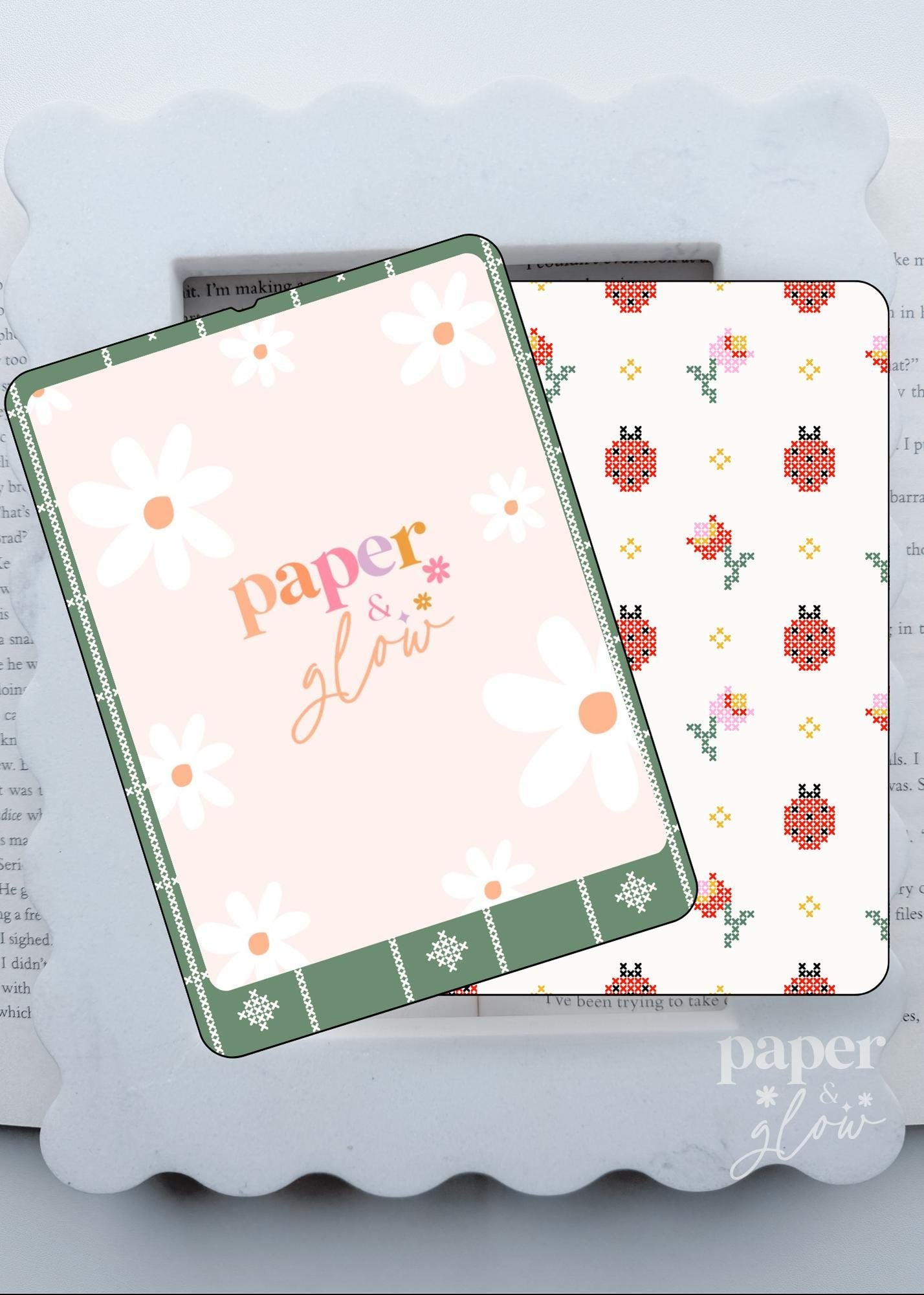 E-Reader Skin | Spring Cross Stitch: Green Grid and Ladybug Floral | Paper & Glow
