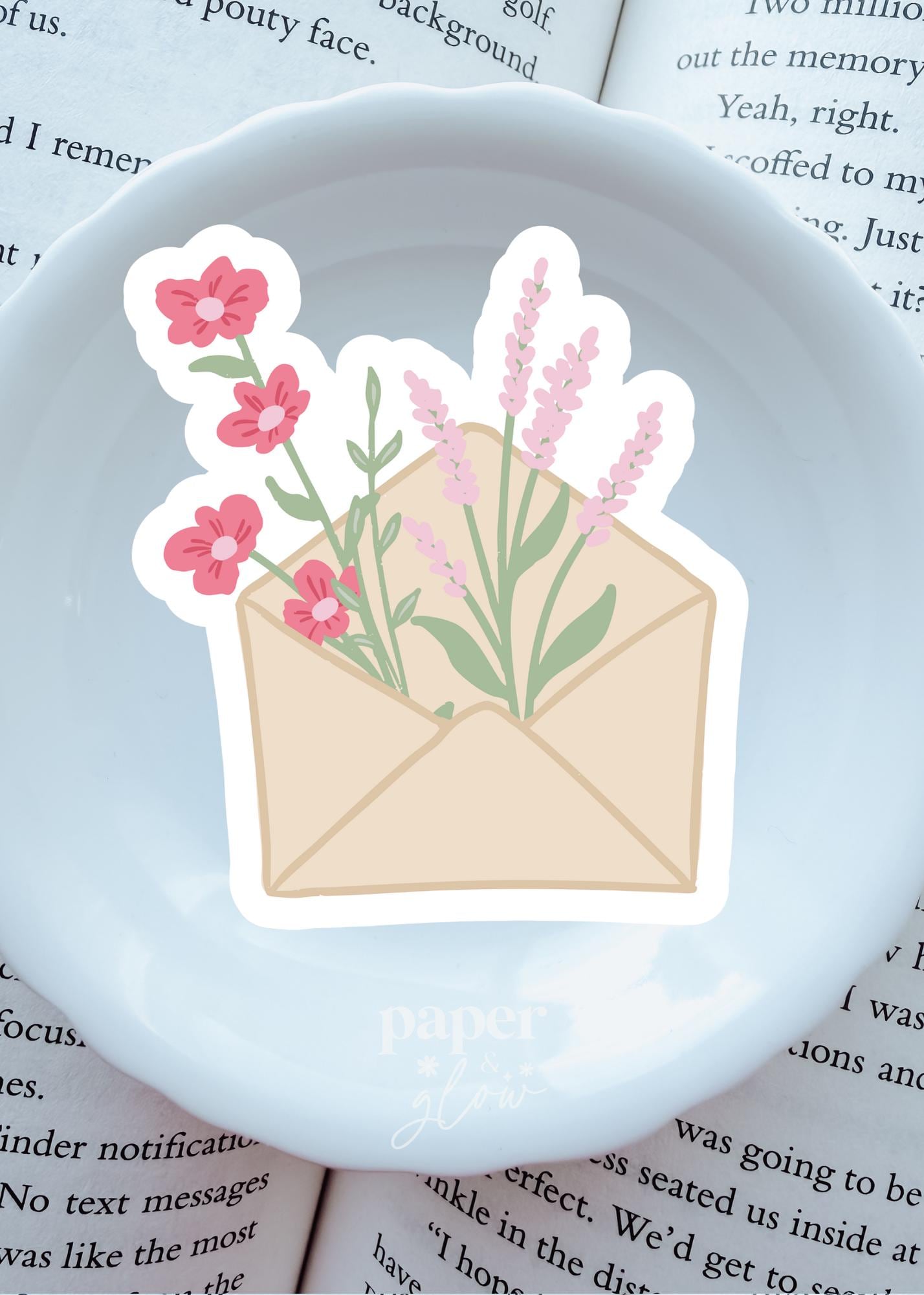 Envelope w/Flowers Vinyl Sticker | Paper & Glow