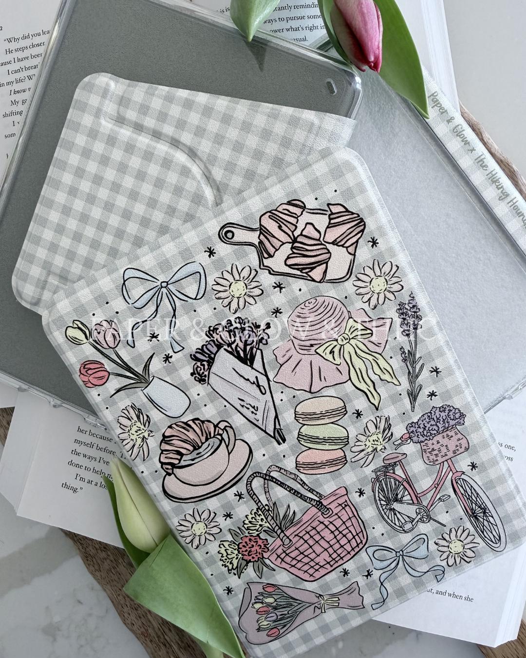 Gingham and Spring Doodles Kindle Case | Springtime in Chapters Collection: Paper & Glow x THHC Collab | Detachable Case | Clear-back Case