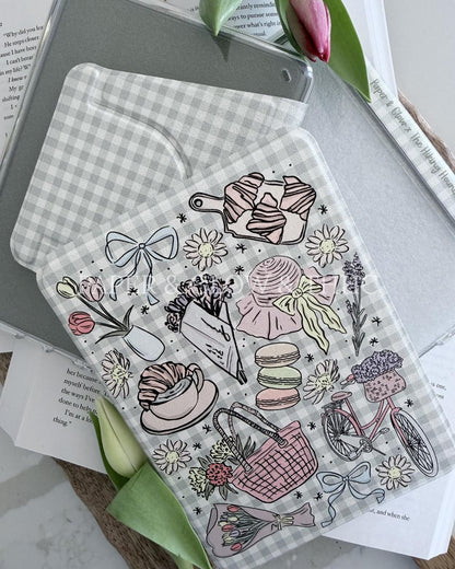 Gingham and Spring Doodles Kindle Case | Springtime in Chapters Collection: Paper & Glow x THHC Collab | Detachable Case | Clear-back Case