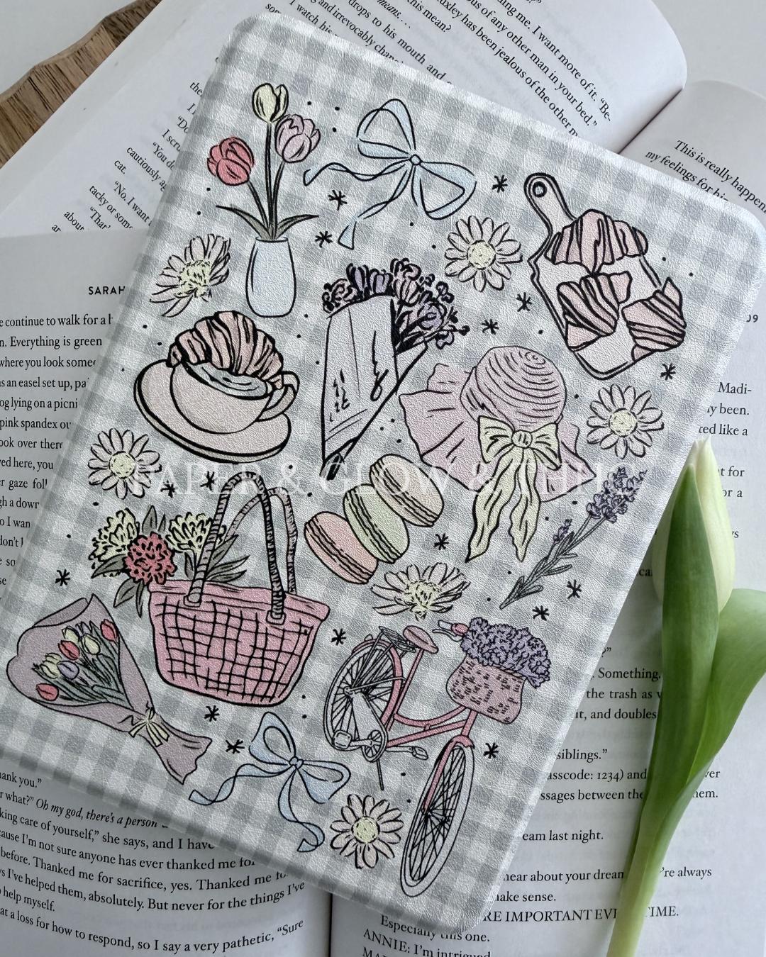 Gingham and Spring Doodles Kindle Case | Springtime in Chapters Collection: Paper & Glow x THHC Collab | Detachable Case | Clear-back Case