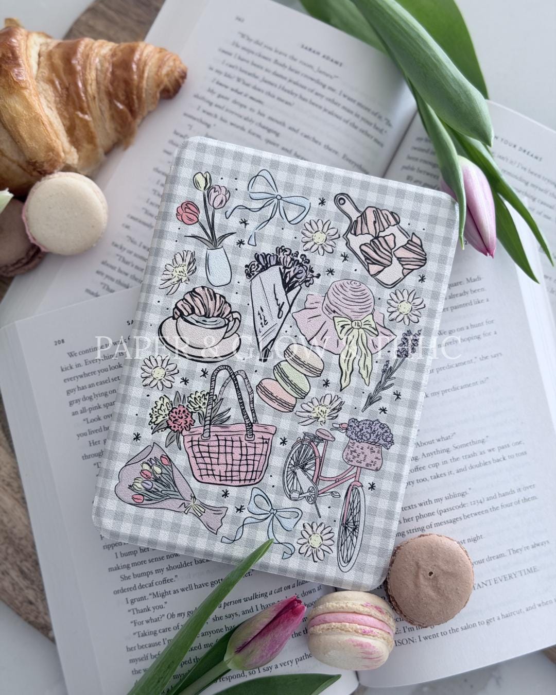 Gingham and Spring Doodles Kindle Case | Springtime in Chapters Collection: Paper & Glow x THHC Collab | Detachable Case | Clear-back Case