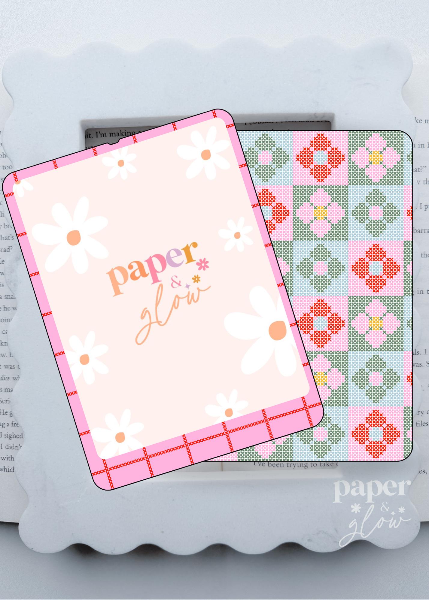 E-Reader Skin | Spring Cross Stitch: Pink and Red Grid and Floral Grid | Paper & Glow