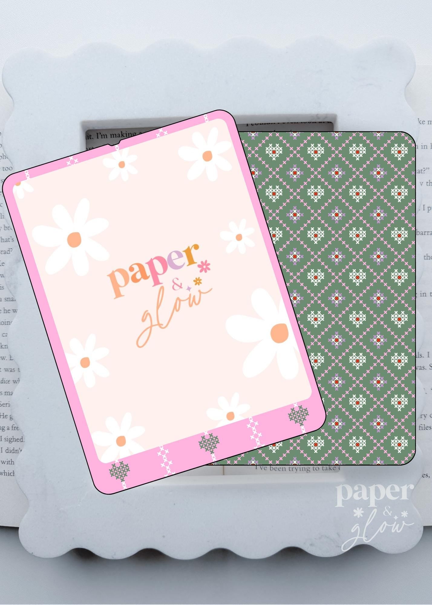 E-Reader Skin | Spring Cross Stitch: Pink Heart and Green Heart Grid | Paper & Glow