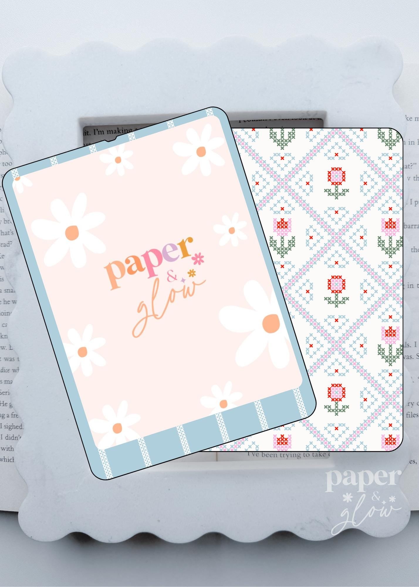 E-Reader Skin | Cross Stitch: Blue and White Stripes and Floral | Cute Bookish E-Reader Skin | Paper & Glow